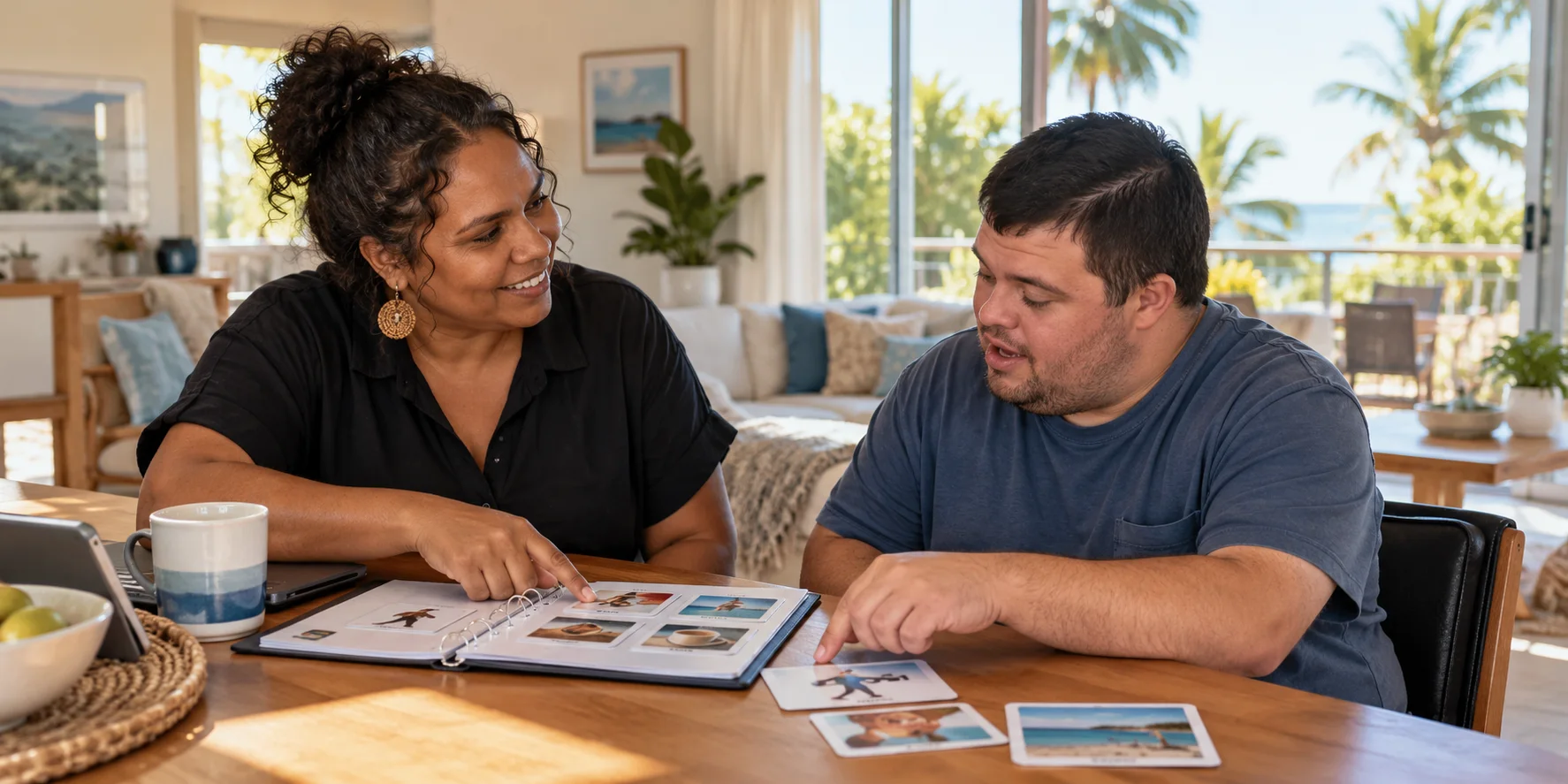 A practitioner and an adult client sitting at a dining table, choosing pictures from a visual communication book