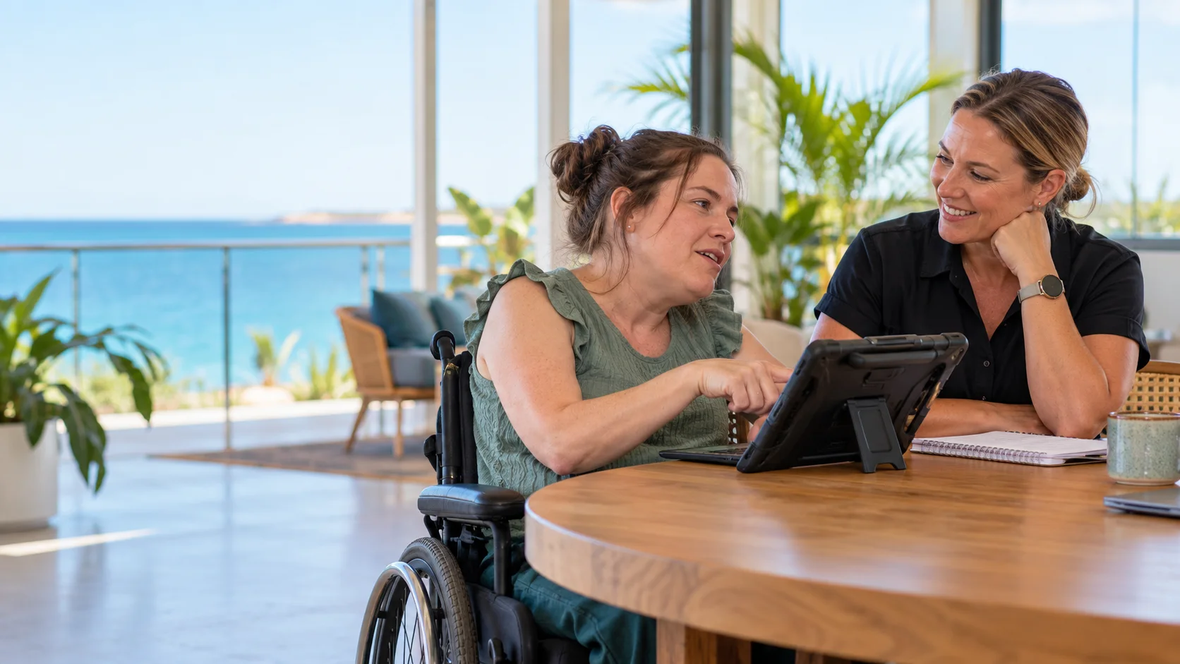 A woman in a wheelchair pointing to a communication app on a tablet while a practitioner listens