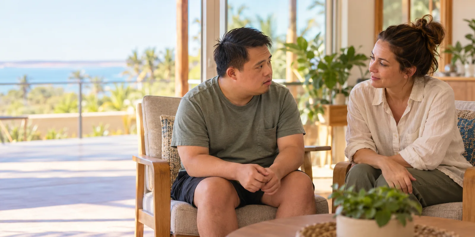 A young man and a practitioner talking calmly in armchairs in a light-filled room