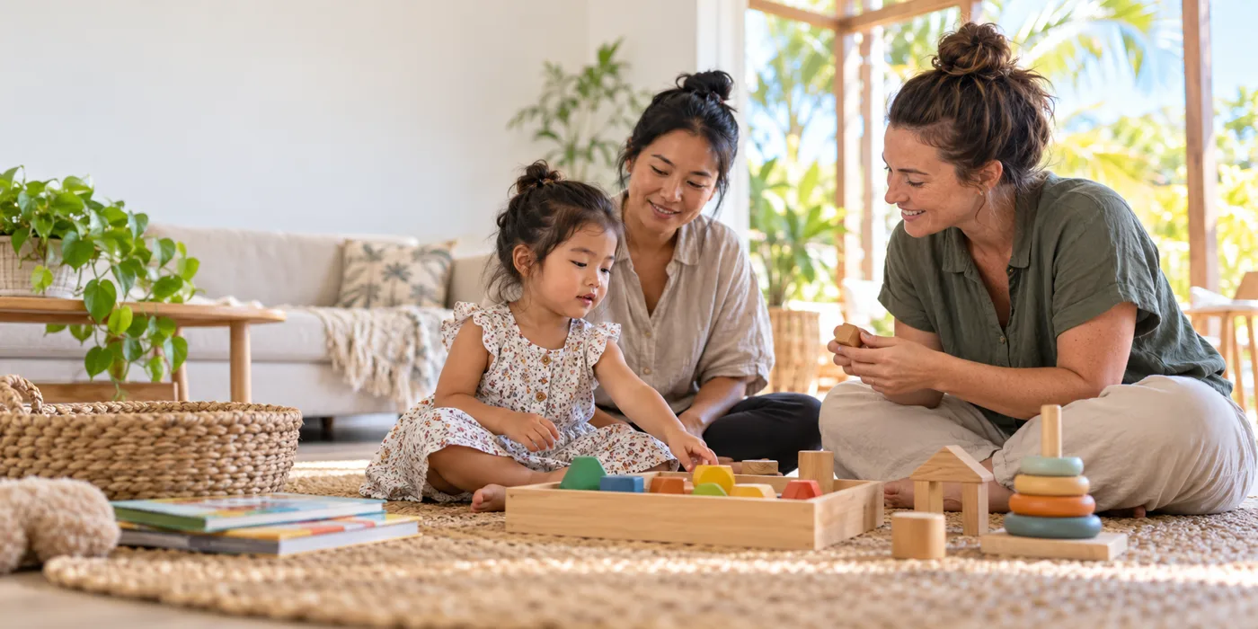 A toddler playing with wooden blocks on the floor with her mother and a practitioner