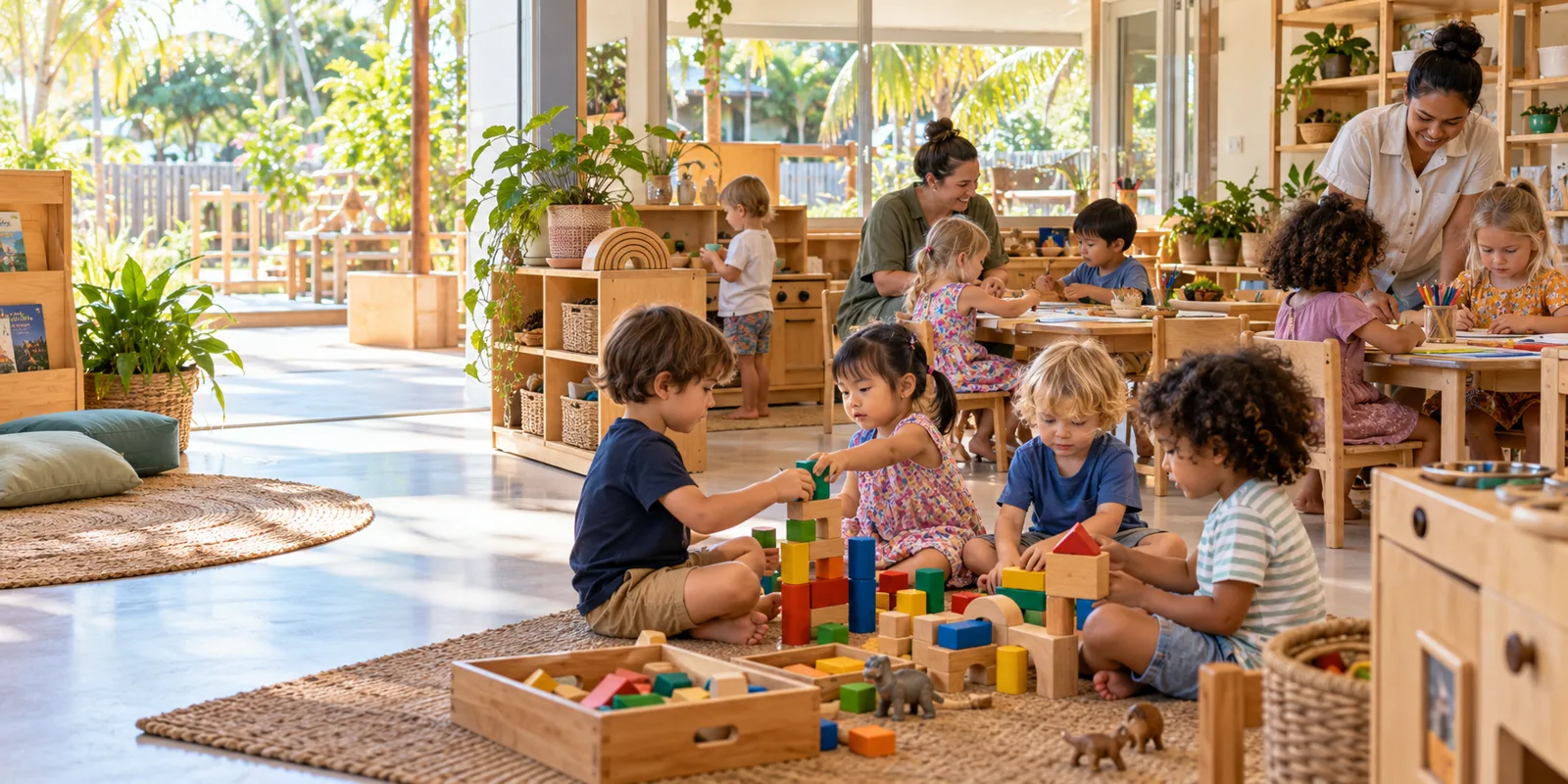 Young children building with wooden blocks while educators support them