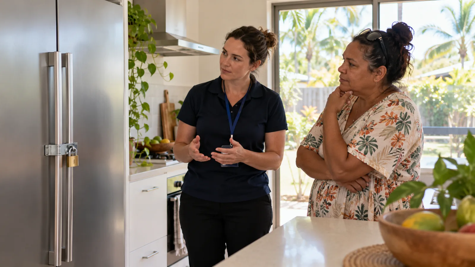 A practitioner and a family member talking in a kitchen beside a padlocked fridge