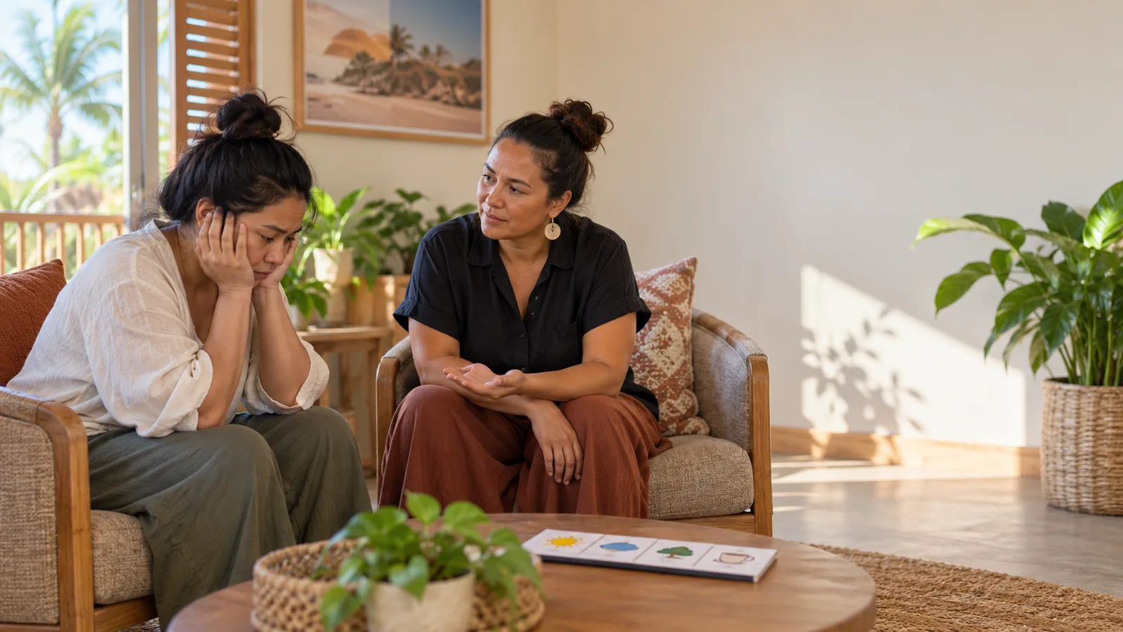 A practitioner listening with care to a worried parent in a calm lounge room