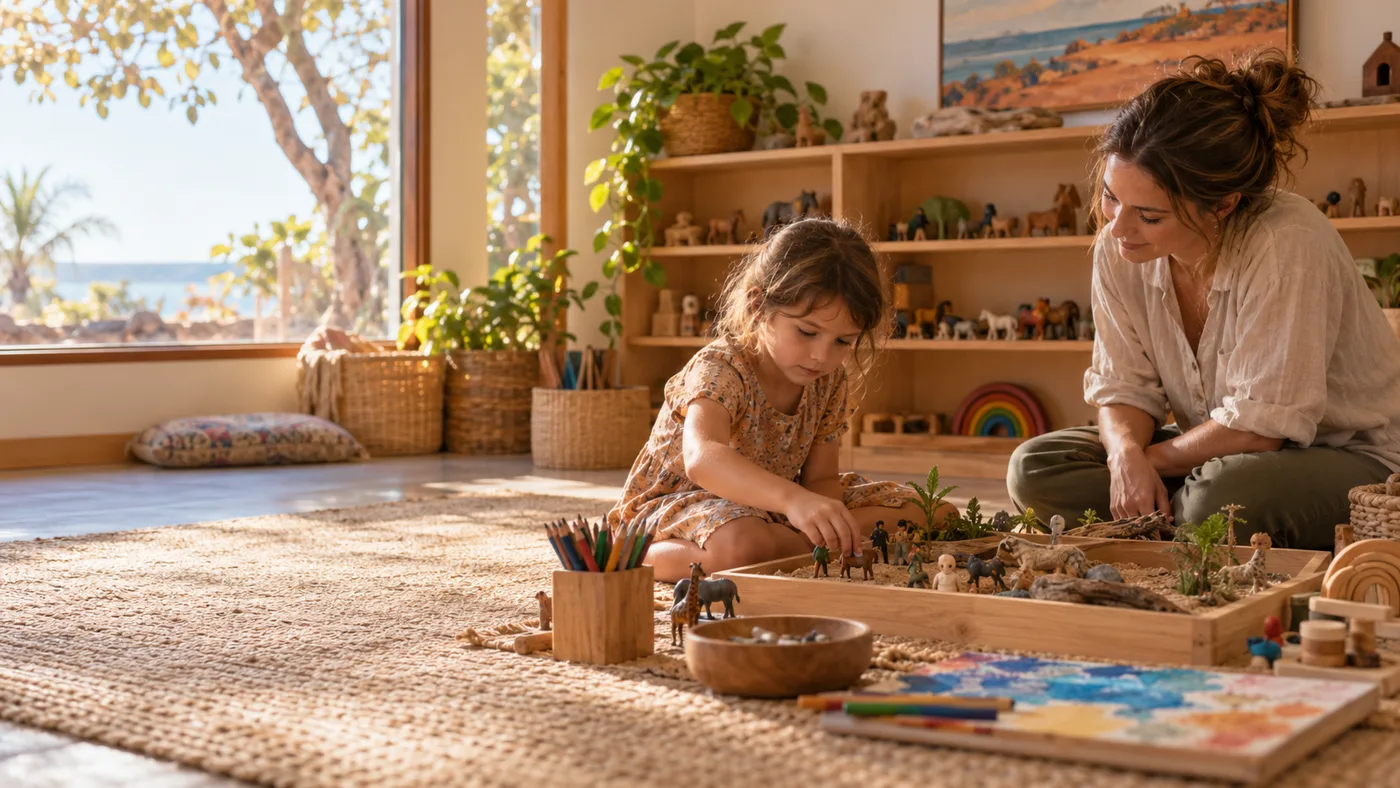 A young girl arranging animal figures in a sand tray while a therapist sits beside her