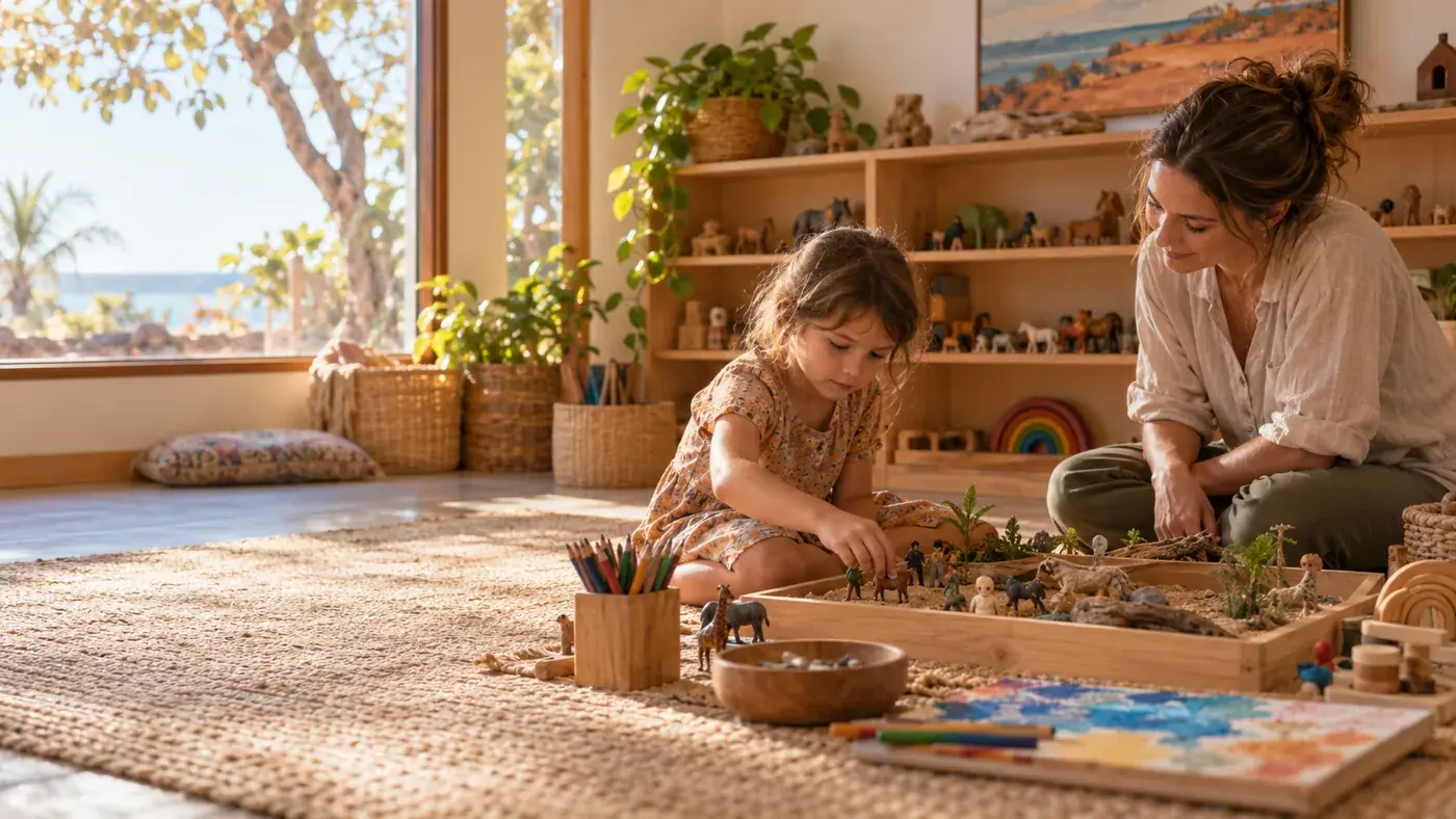 A sand tray with miniature figures ready for play