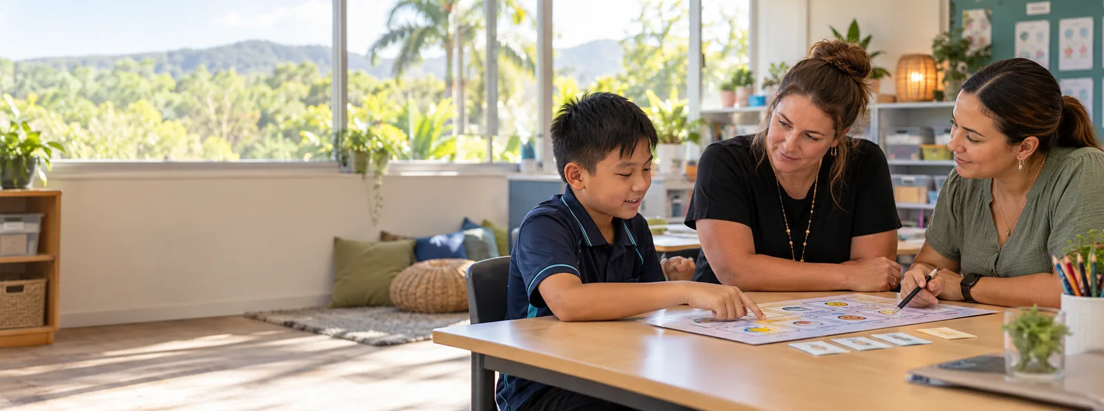 A student pointing to a visual chart at a classroom table with his teacher and a behaviour support practitioner
