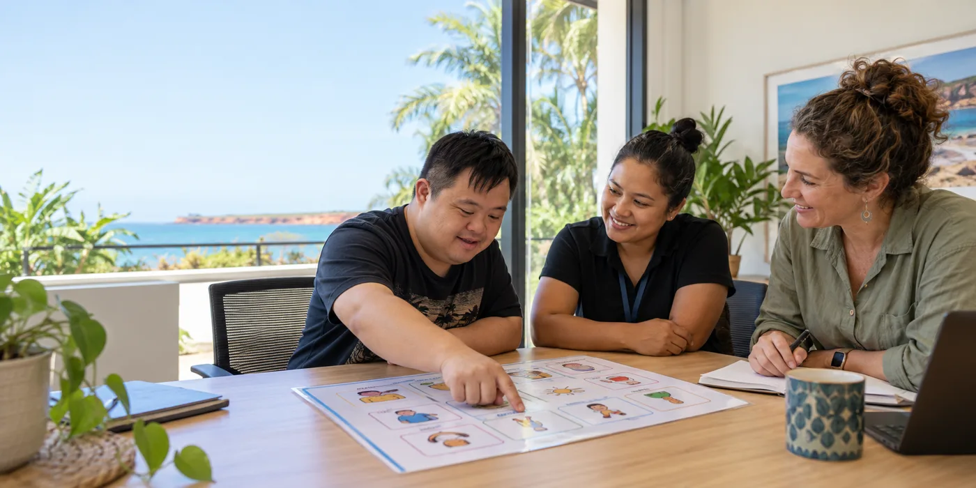 A participant pointing to a visual schedule while a support worker and practitioner look on